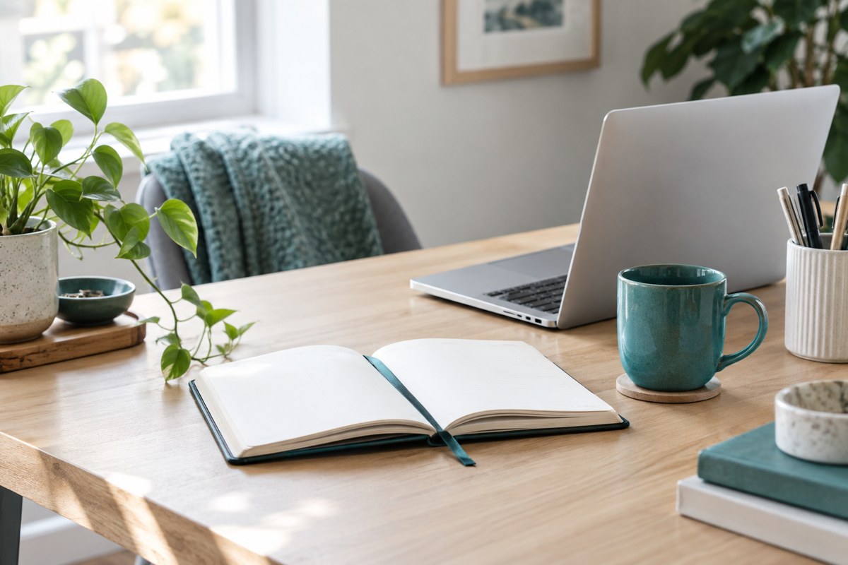 A quiet workspace with a notebook, laptop and teal mug